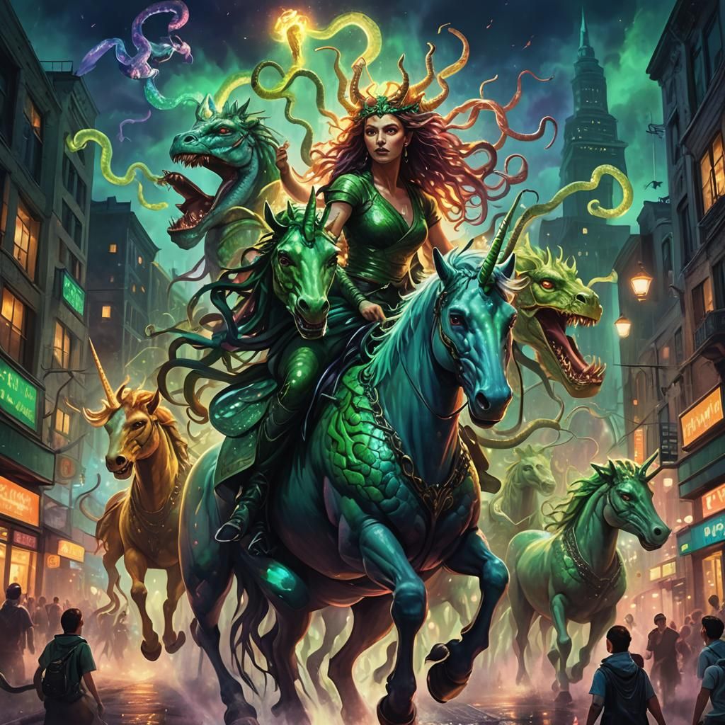 Medusa on Unicorns in Glowing City, Fantasy Art