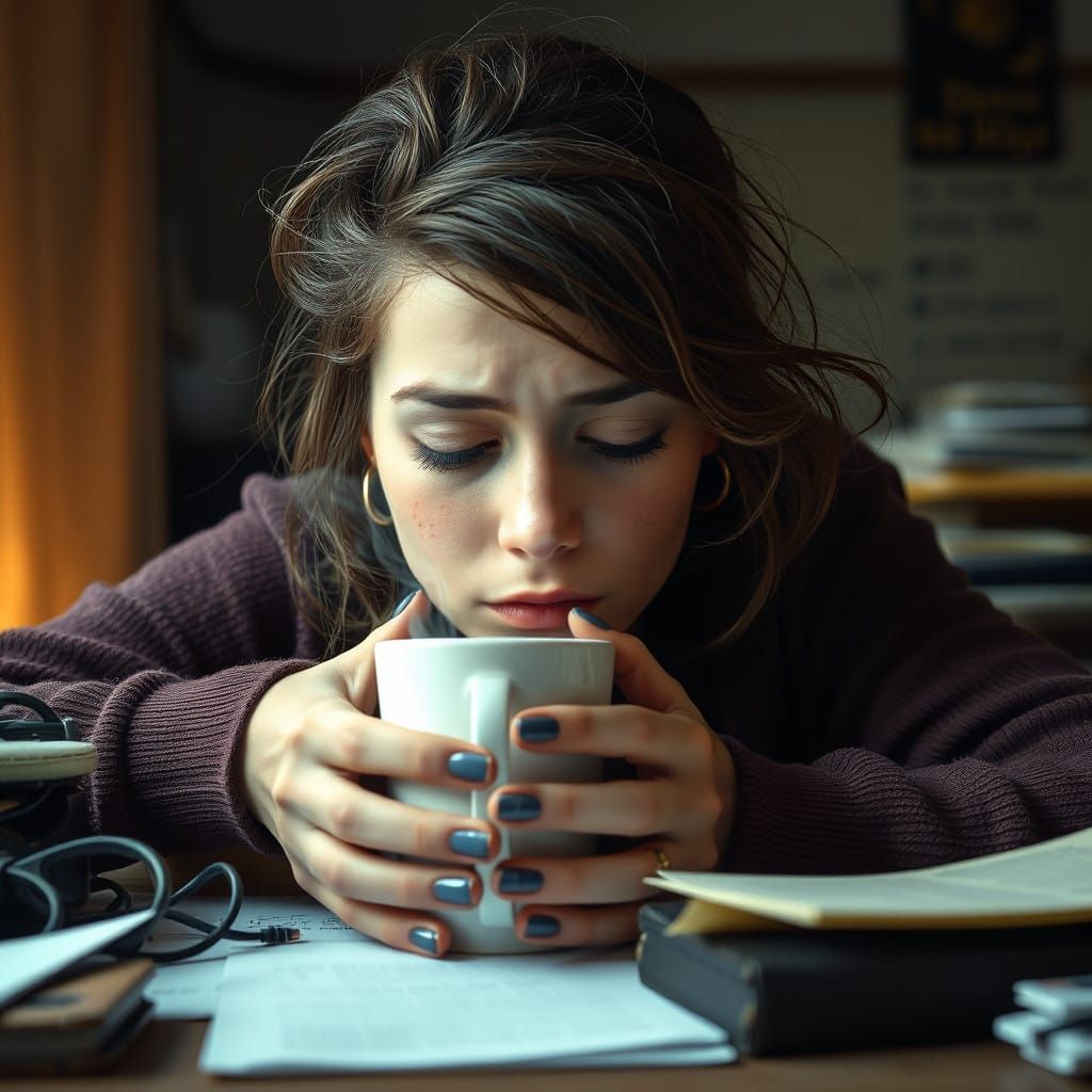 Young Woman's Morning Struggle in Soft Morning Light