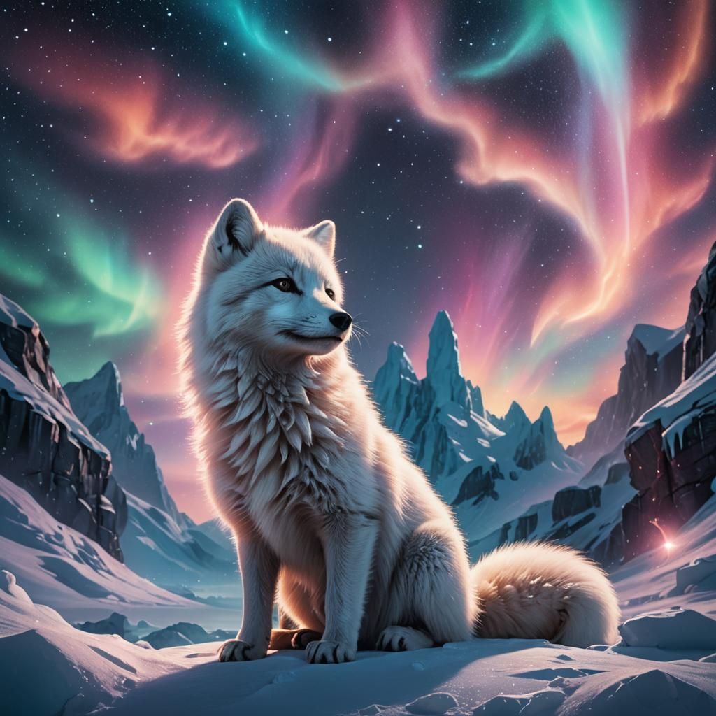 Arctic Fox and Bear Under Aurora Borealis