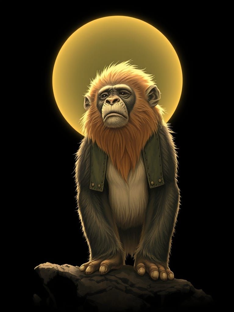 Hairy Primate in Retro Light with Flying Saucer