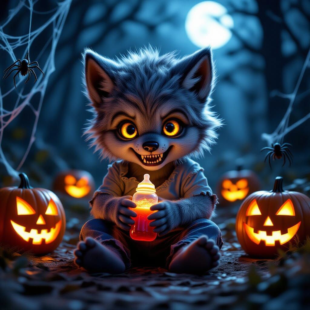 Adorable Baby Werewolf with Glowing Eyes in Halloween Forest