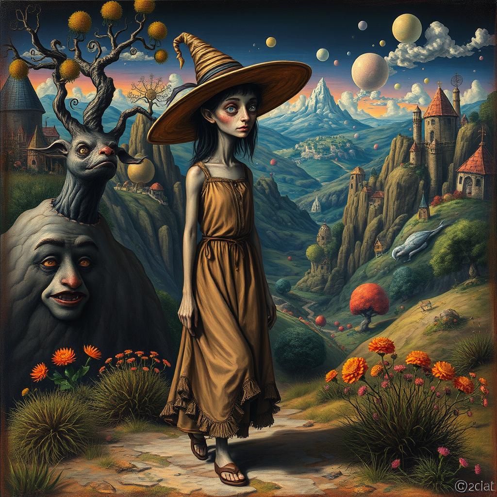 Whimsical Valley Wanderer in Dreamlike Landscape