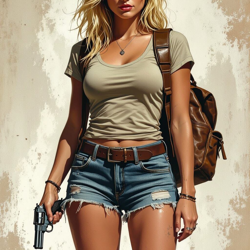 Woman with Revolver and Backpack in Earthy Tones