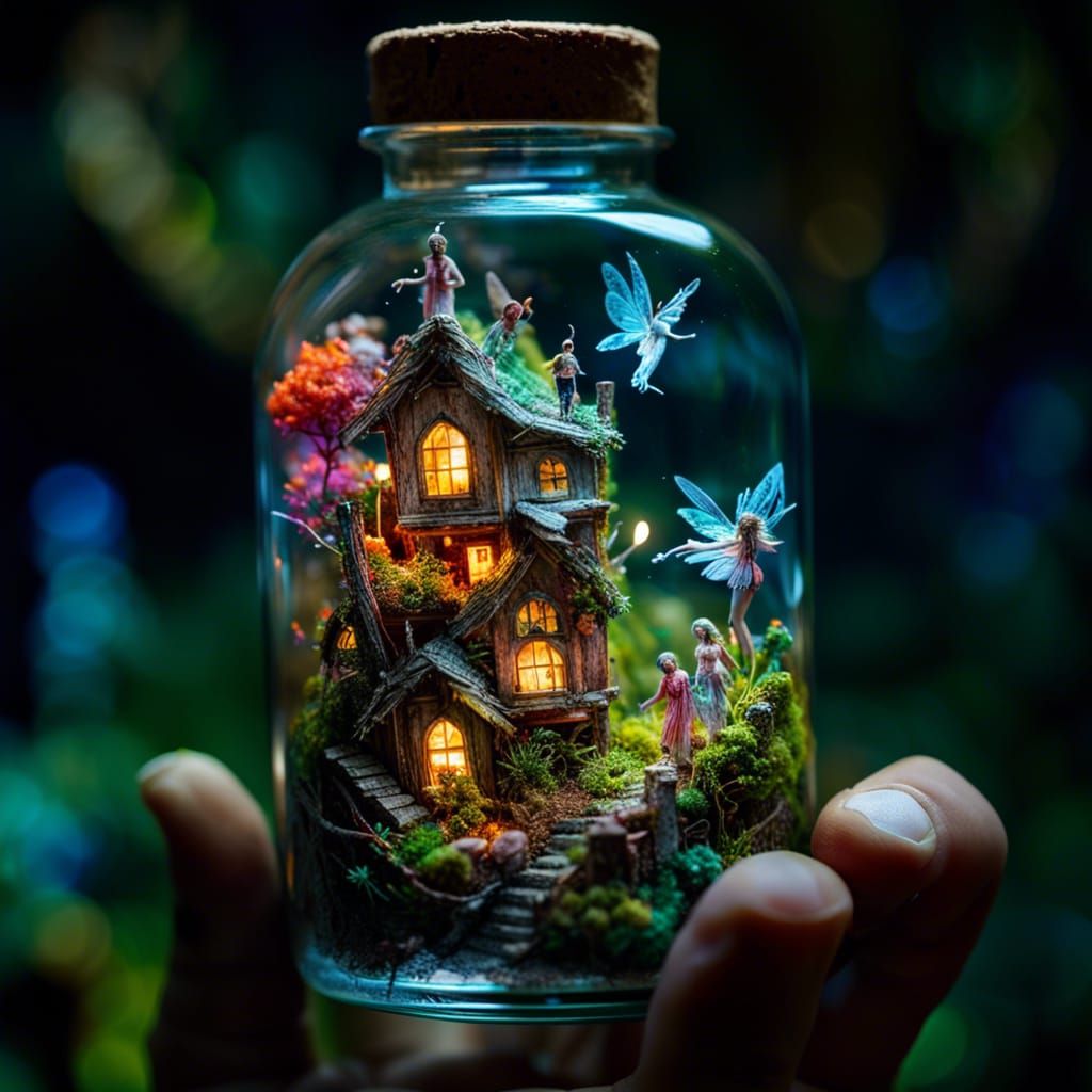 Miniature Fairyland in Glass Bottle, Hyperreal Fantasy