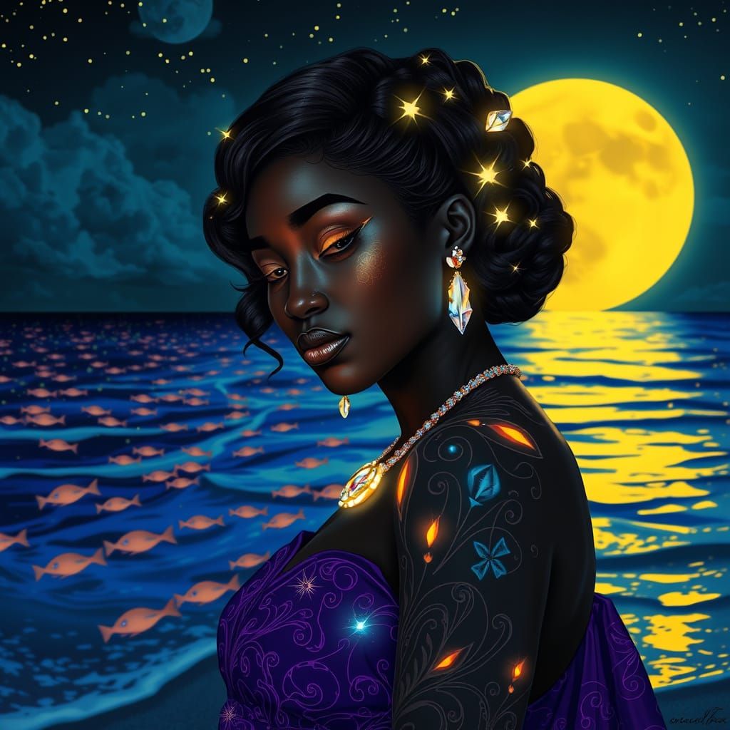 African Woman with Bioluminescent Tattoos in Art Nouveau