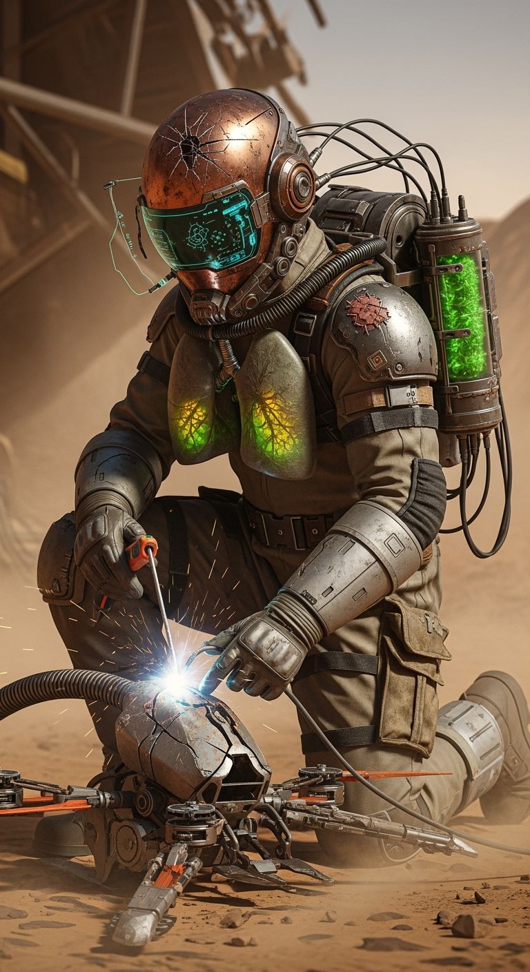 Futuristic Engineer Kneels in Martian Dust Storm