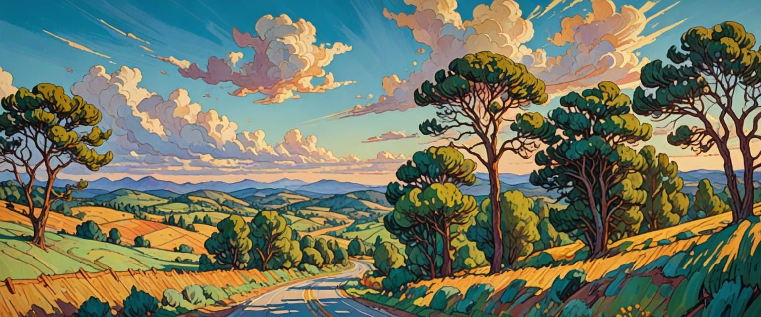 Highway Through Natural Wonders: Gouache Landscape