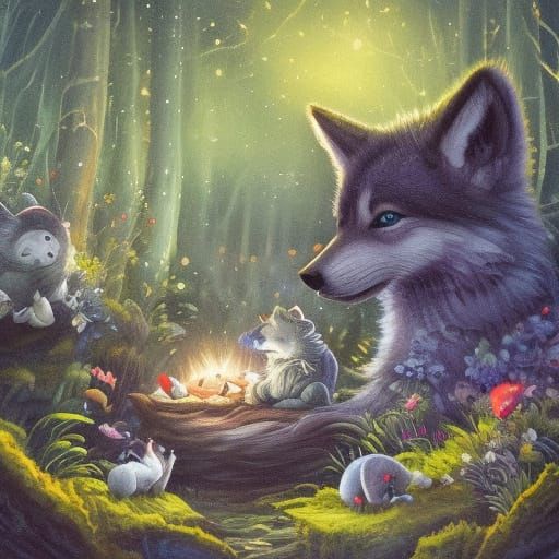 Tiny Wolf Cub Sleeps on Glowing Mushrooms in Enchanted Fores...