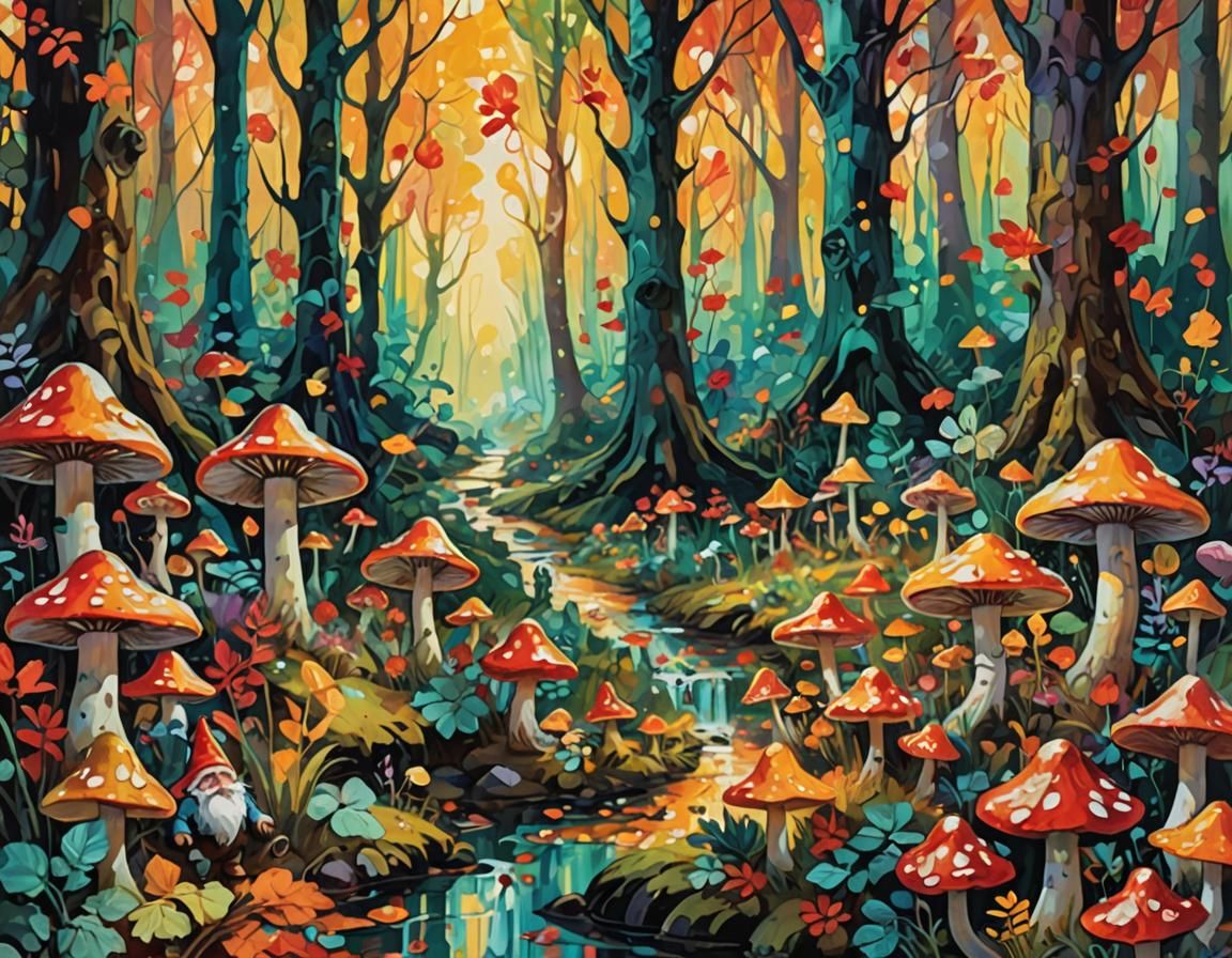 Gnomes and Fairies in Enchanted Forest: Fauvist Expressionis...