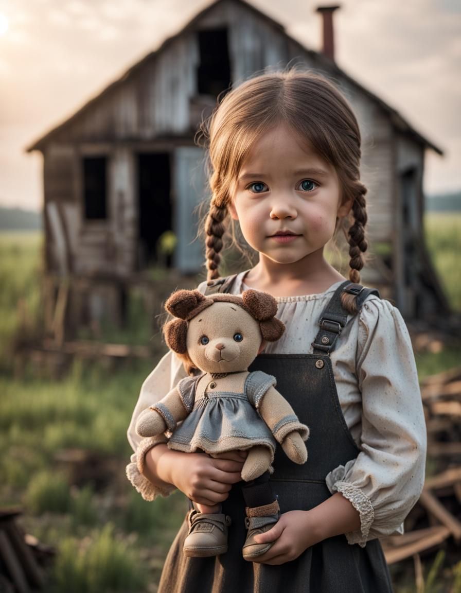 Girl with Doll in Front of Derelict Farmhouse