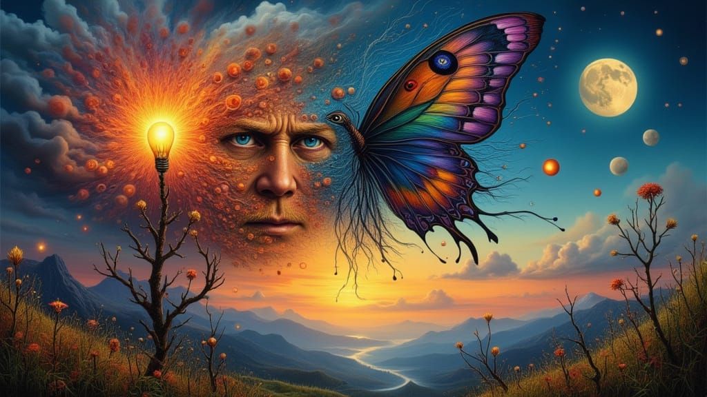 Surreal Butterfly Lightbulb Amidst Forest Fire