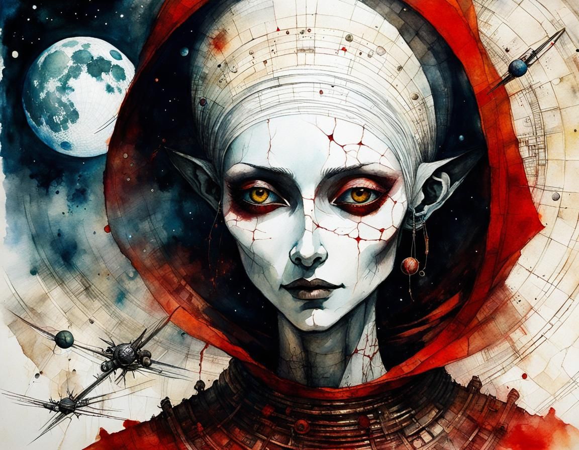 Biopunk Girl Portrait at Space Station in Ancient Art Style