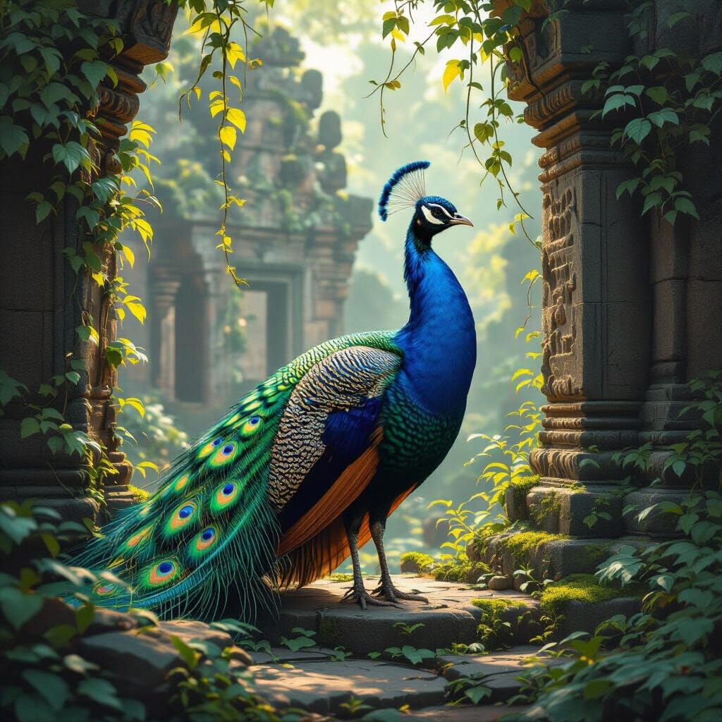 Peacock in Overgrown Temple Ruins, Fantasy Illustration