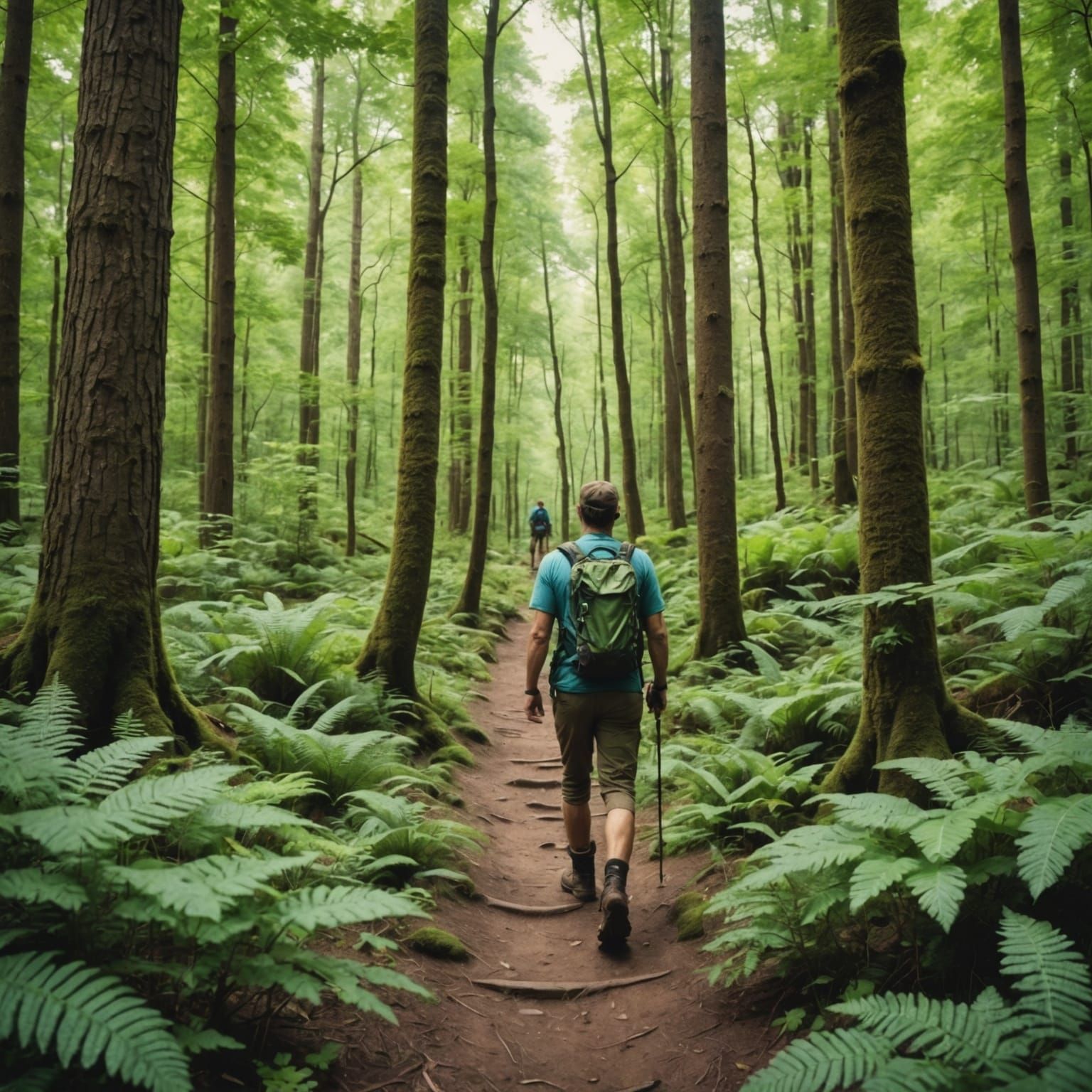 Hiker in Lush Forest, Vintage Postcard Style