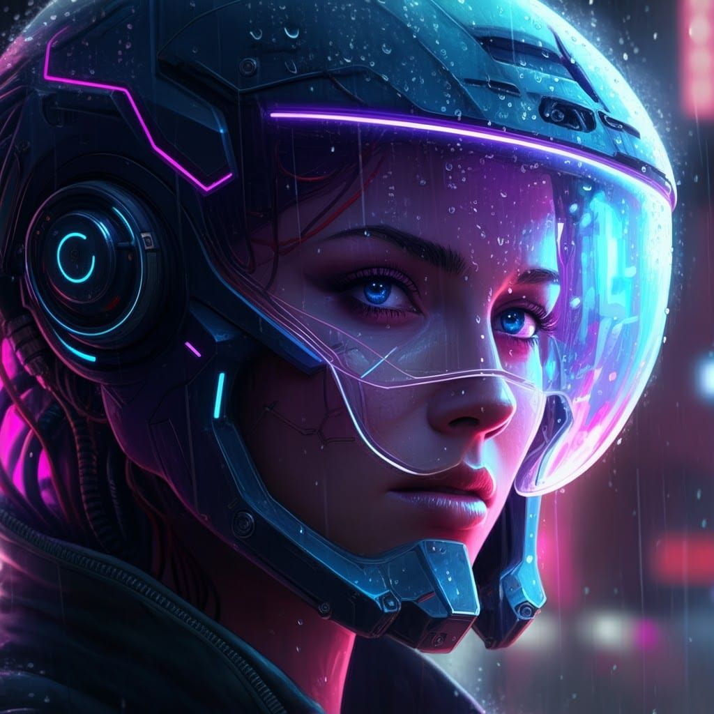 Cyberpunk Woman with Glowing Helmet in Neon Cityscape