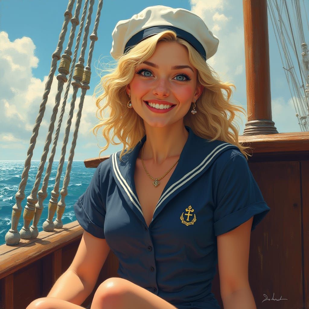 Carefree Blonde Sailor on Deck in Painterly Style