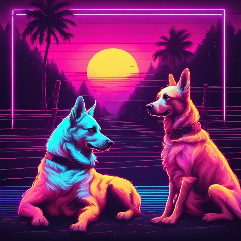 Two Dogs Fall in Love: Synthwave Neon Art