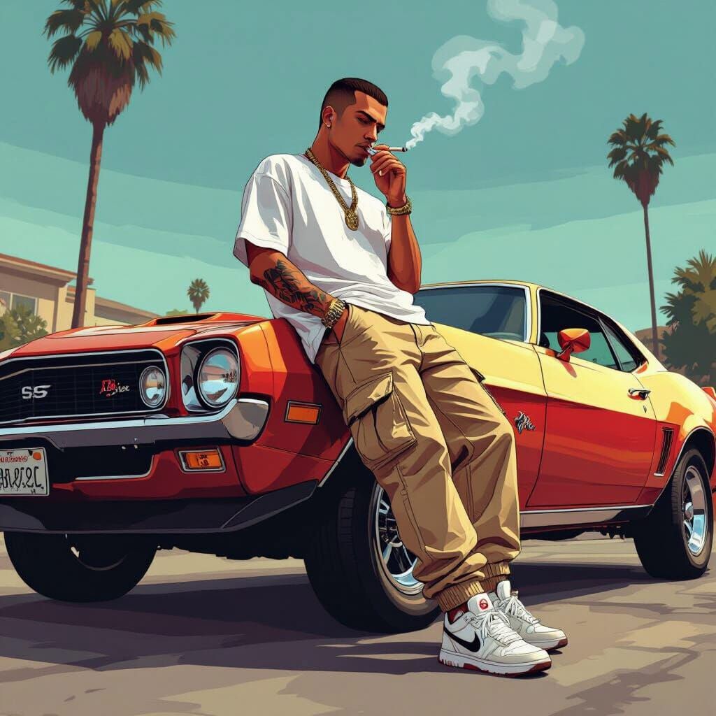 Man Leaning on Sports Car in GTA San Andreas Art Style
