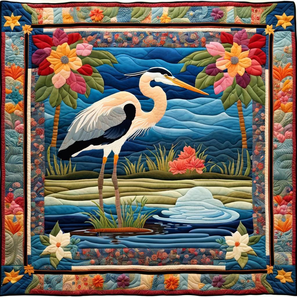 Blue Heron Quilt: Patchwork Folk Art