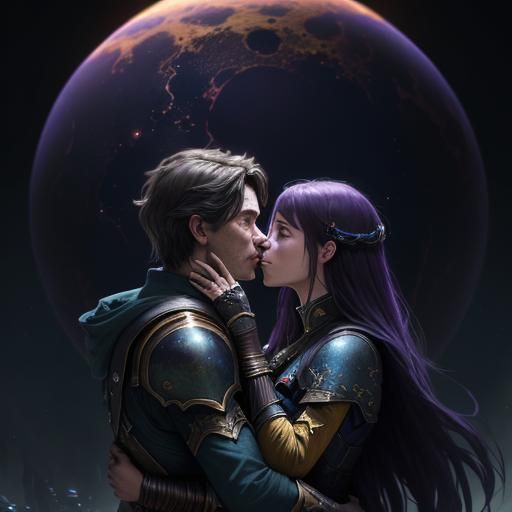 Romantic Kiss Under a Planetary Sky