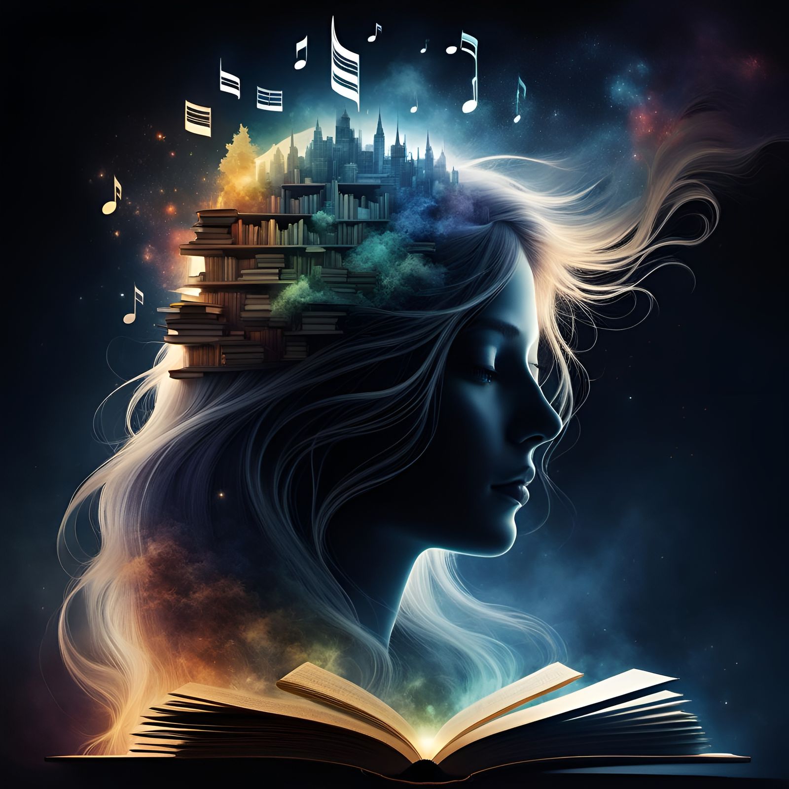 Dreamy Woman Silhouette with Books and Music