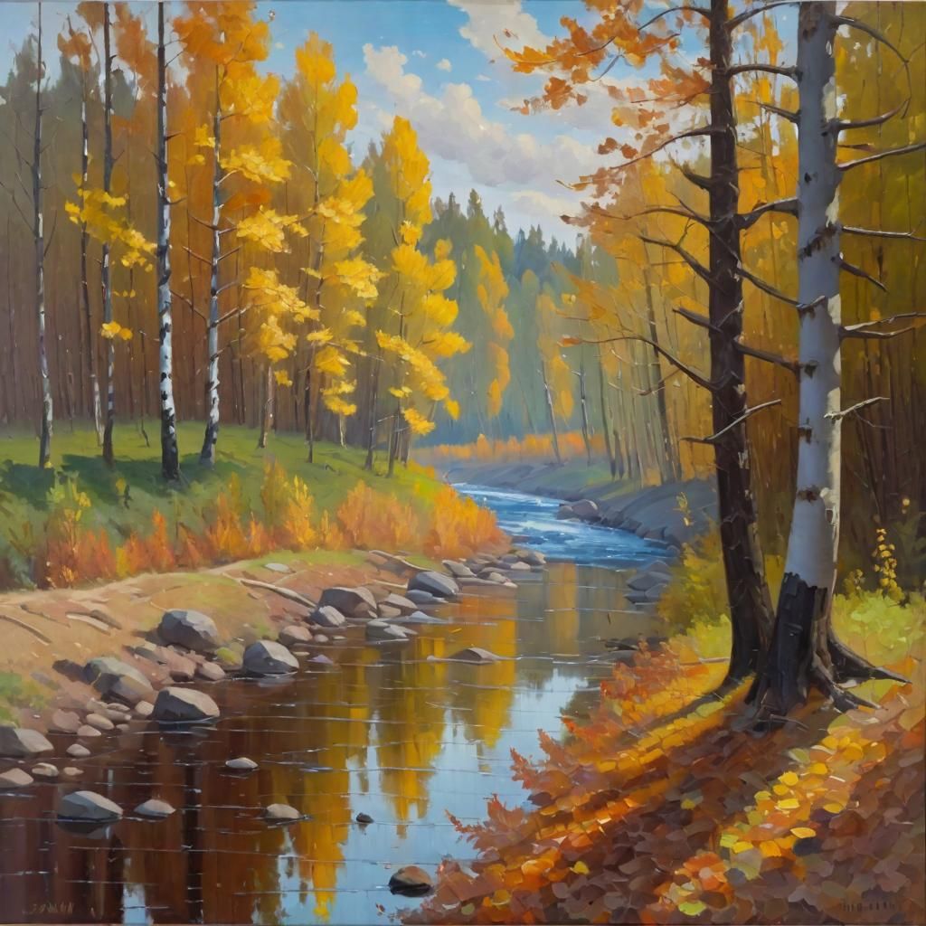 Autumn Forest River in Impressionistic Style