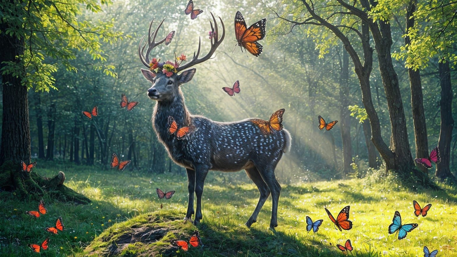 Floral Antler Stag in Enchanted Forest