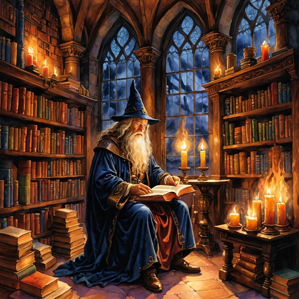 Wizard Studying by Candlelight in Watercolor Style