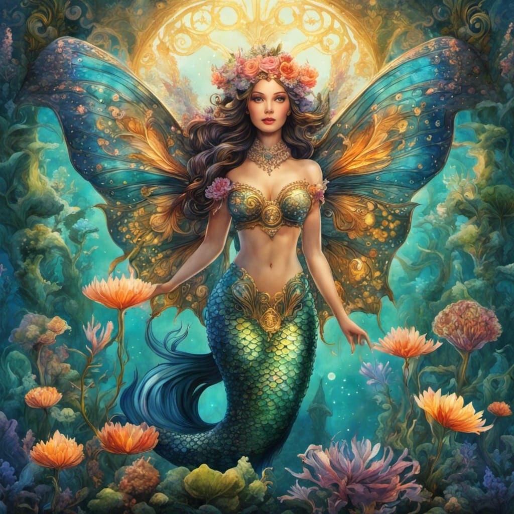 Steampunk Mermaid with Butterfly Wings in Fairytale World