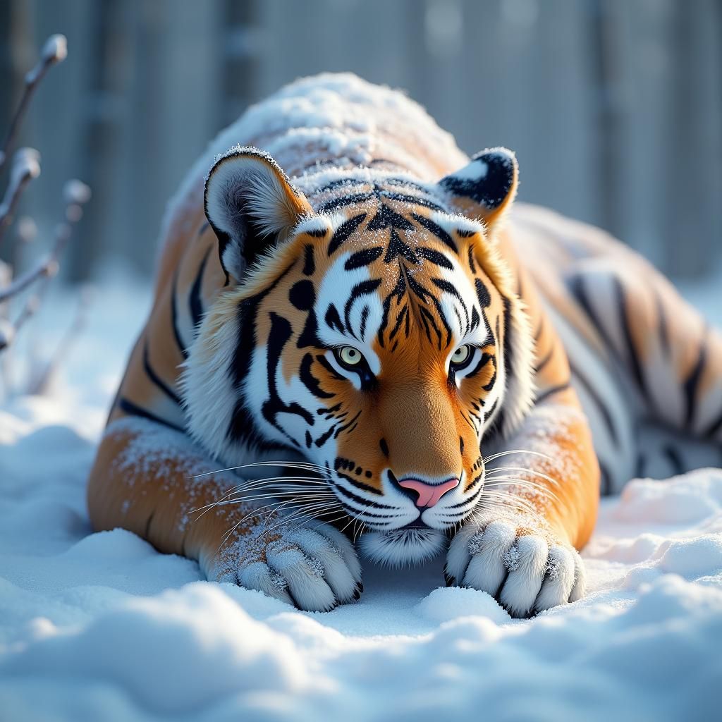 Snow-Covered Tiger Purring in Detailed Matte Painting