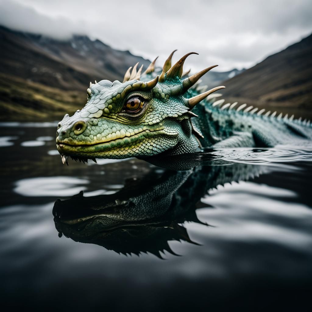 A semi transparent fantasy water dragon with skin and scales of water flies low above a lake between high scottish mount...