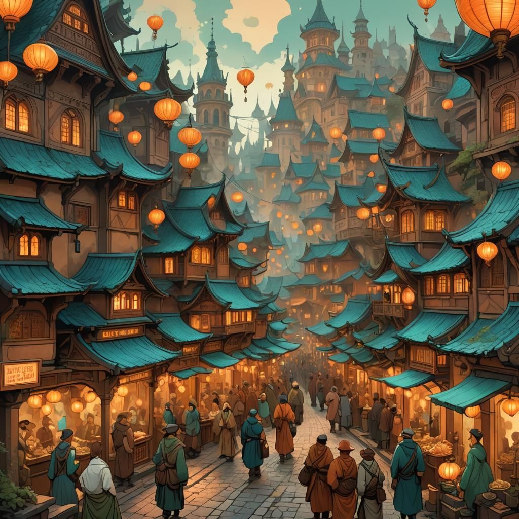 Bustling Village Center in Baroque Fantasy Style