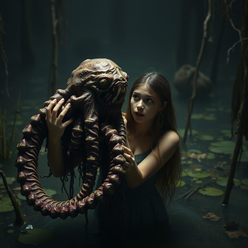 Tentacle Creature Captures Woman in Dark Swamp