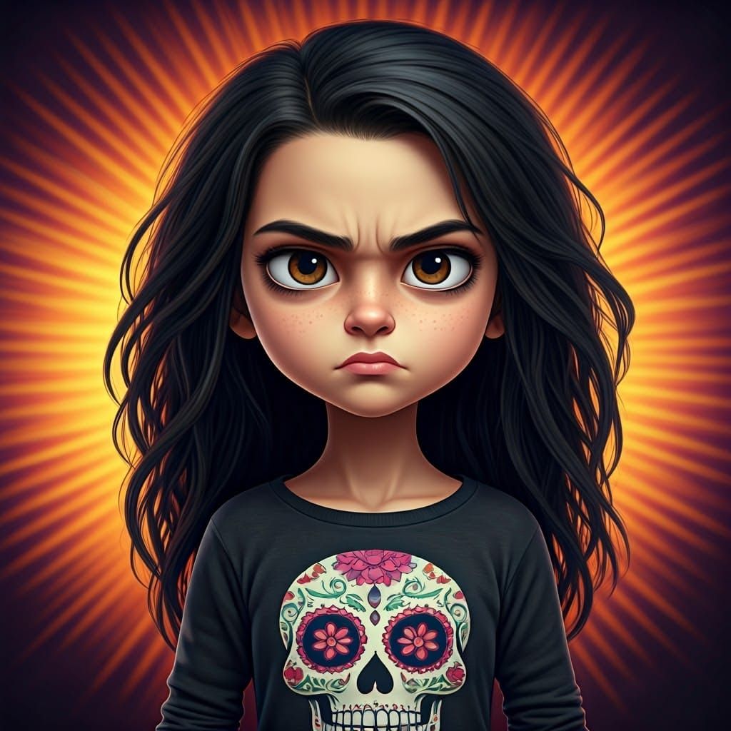 Moody Teenage Girl with Sugar Skull Tattoo in Vibrant Digita...