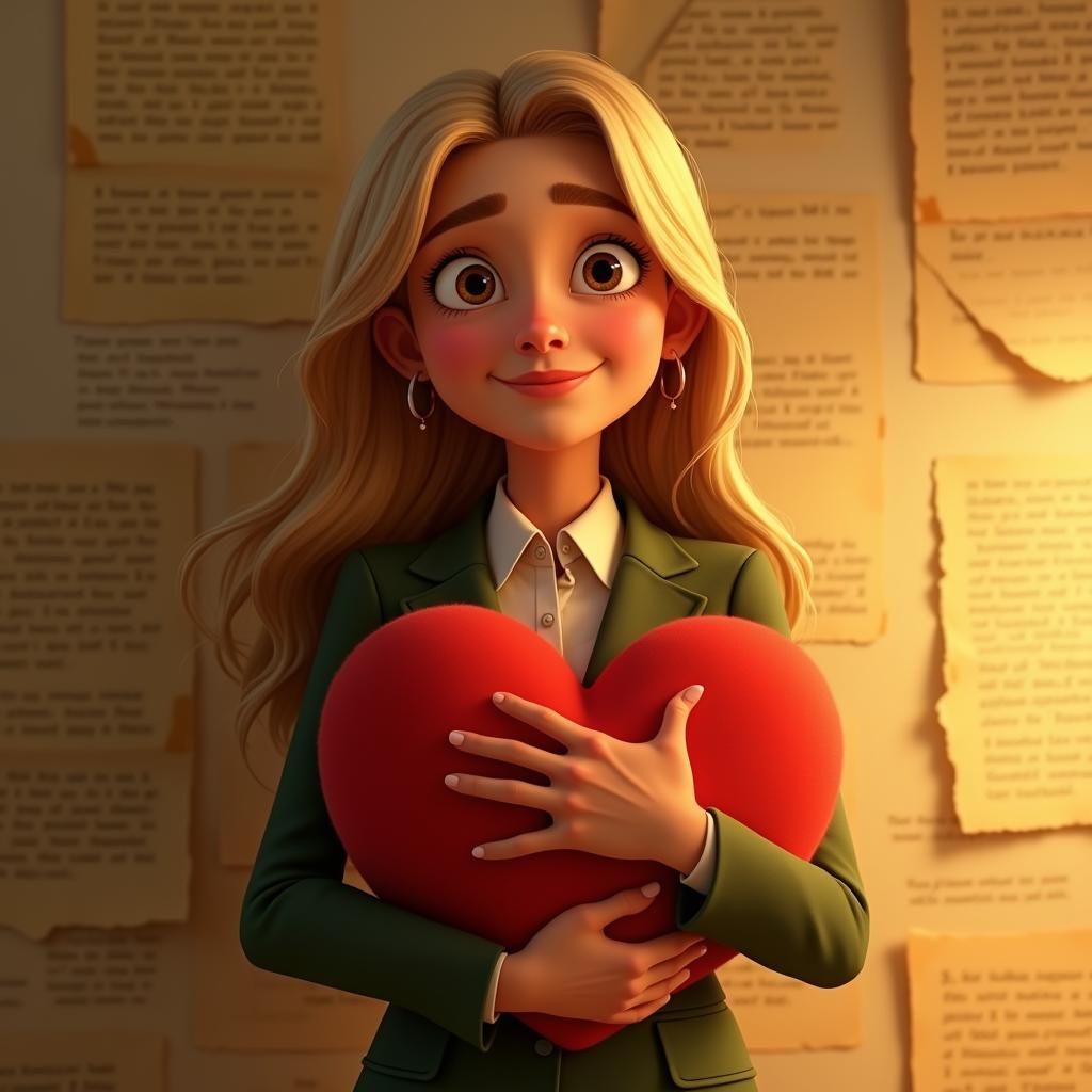 Pixar Style Woman Holding a Heart Cushion