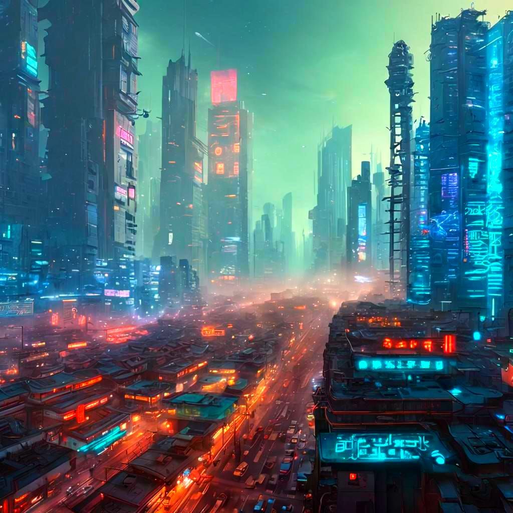 Cyberpunk Cityscape: Hyperrealistic Surreal Illustration