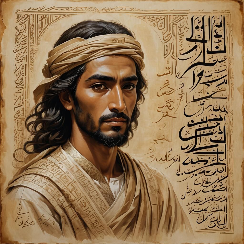 Mujdii Yaaqubi, an ancient Middle Eastern scribe etching a story into aged parchment with a quill, backlight casting a g...