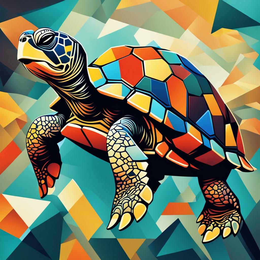 Cubist Turtle in Geometric Art Deco Style