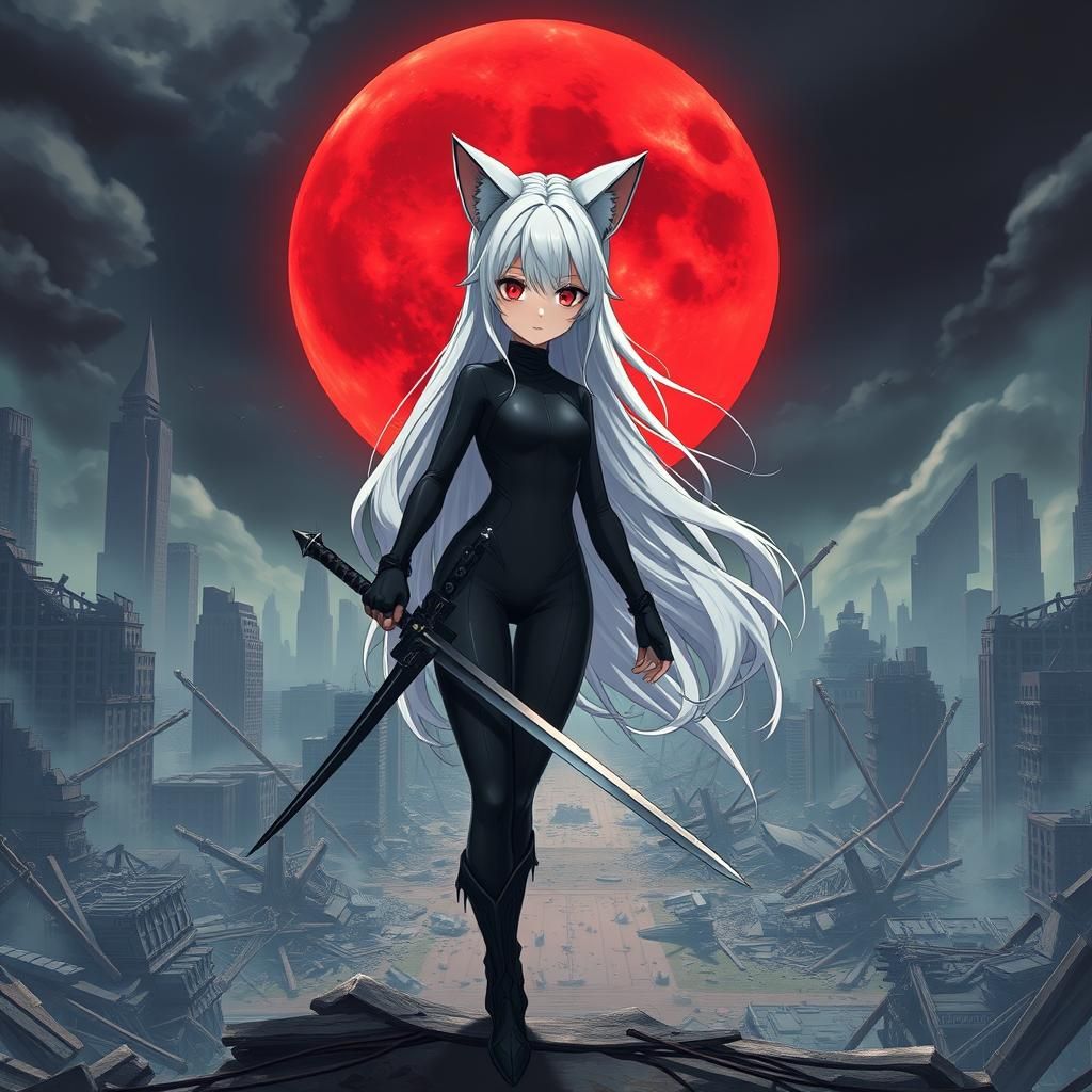 Anime Warrior in Ruined City, Digital Art