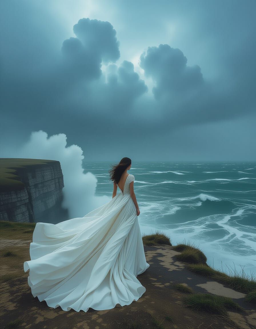 Ethereal Woman on Stormy Cliffside in Avant-Garde Gown