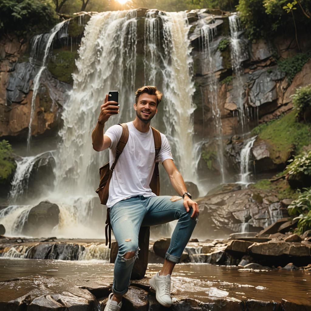 Selfie Near Waterfall in Cinematic Style
