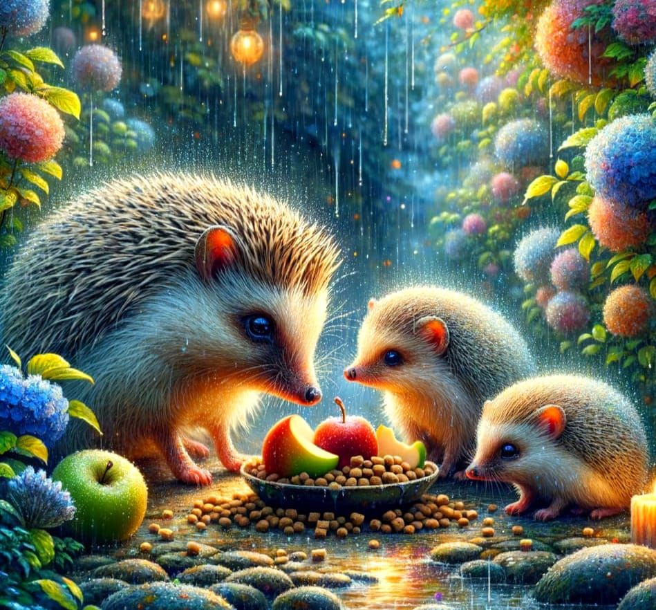 Whimsical Hedgehog Family in Enchanted Garden