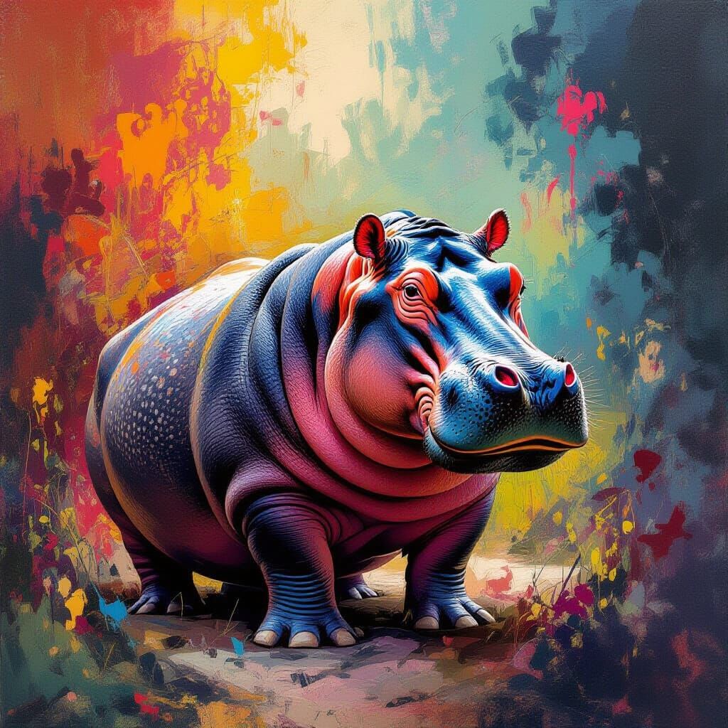 Hyperrealistic Hippo in Abstract Color Explosion