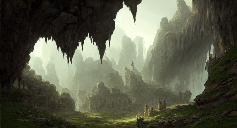 Ominous Cave Entrance in Grim Fantasy Landscape