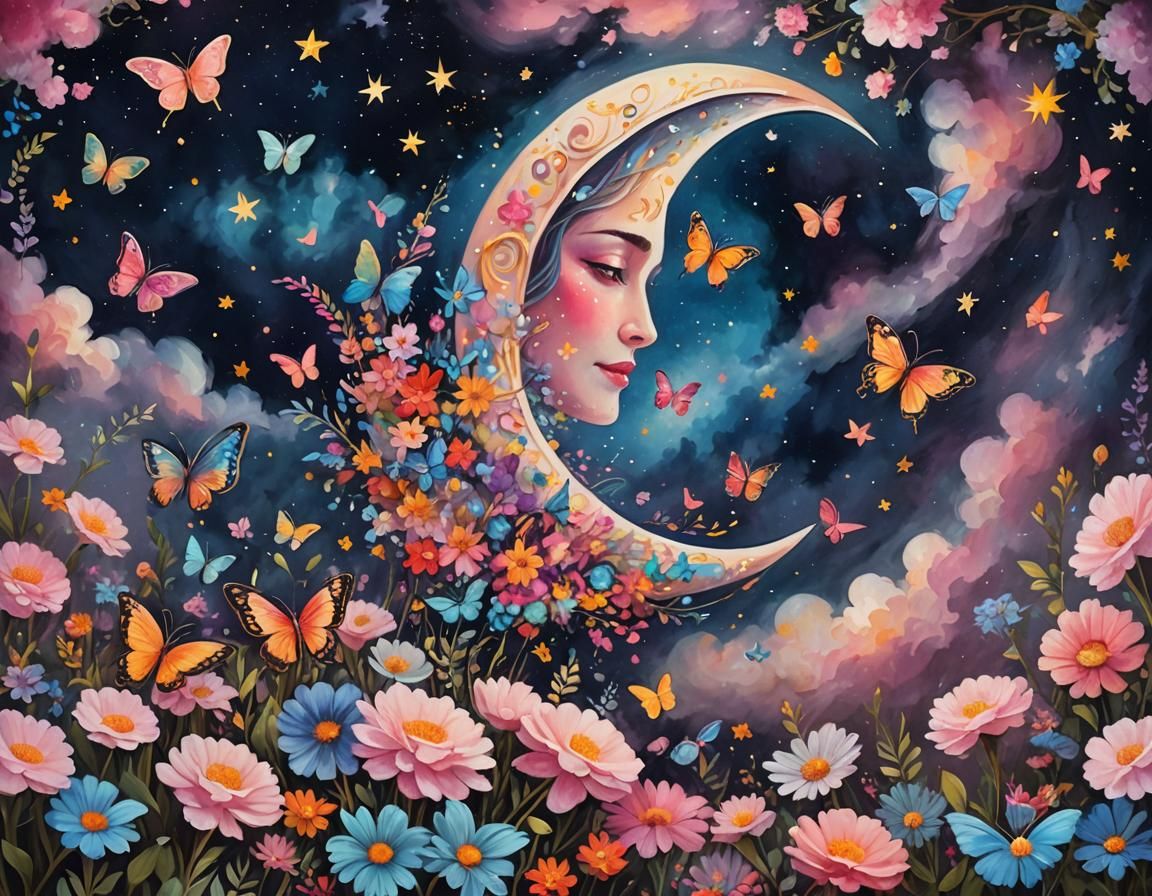 Whimsical Crescent Moon in Vibrant Oil Painting Style