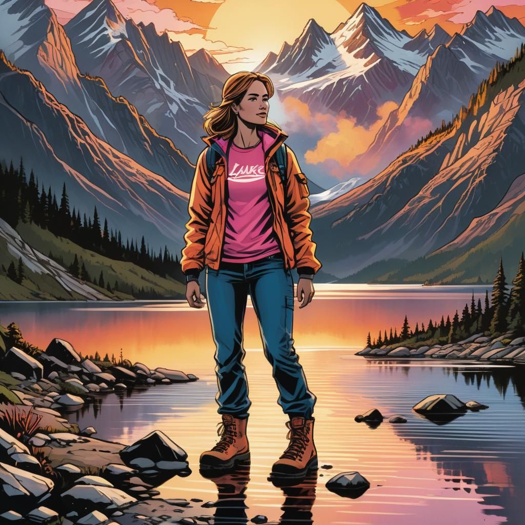 Sunrise Lake Campers in Comic Book Art Style