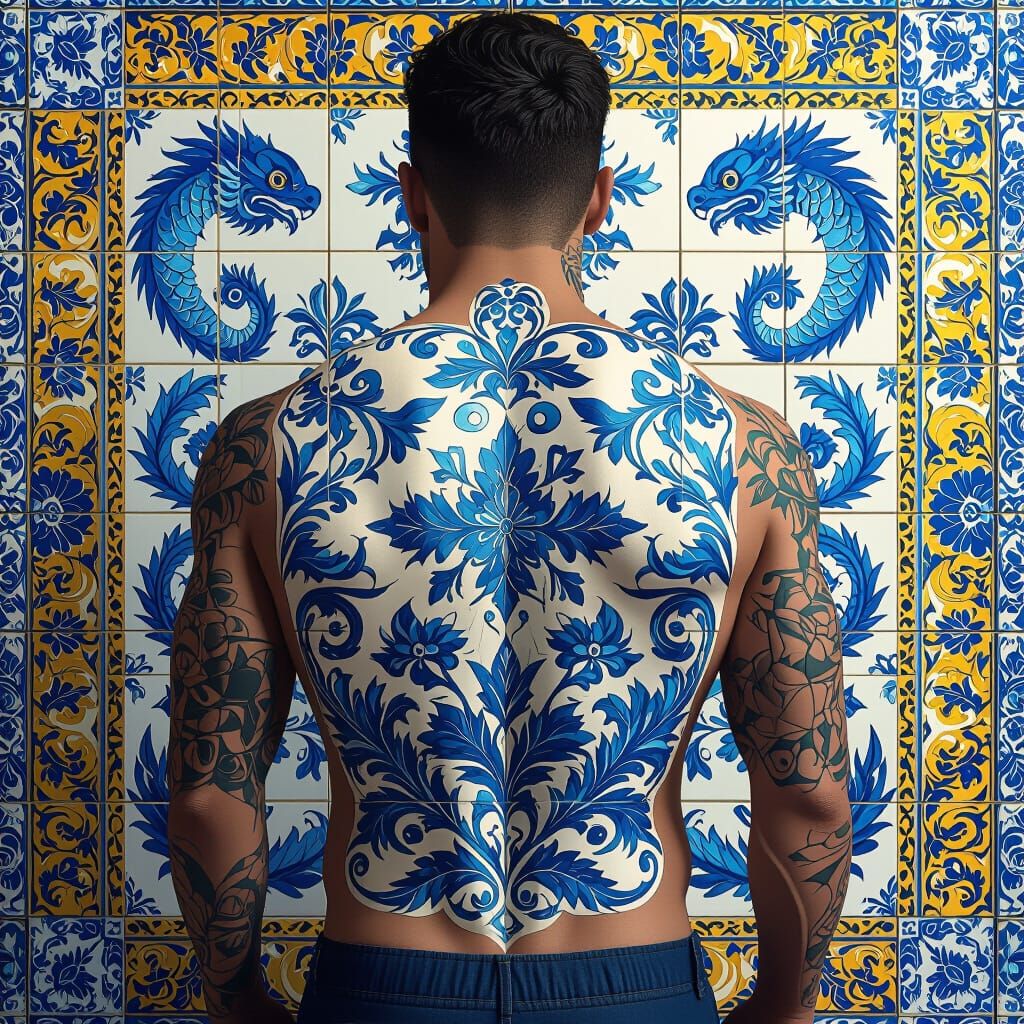 Azulejo Tattoo Design for Man's Back in Digital Painting Sty...