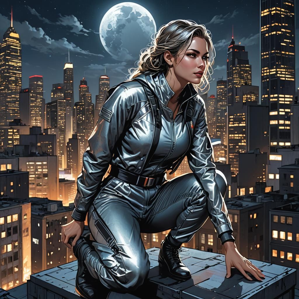 Semirealistic comic book art. Medium shot. A youthful, athle...