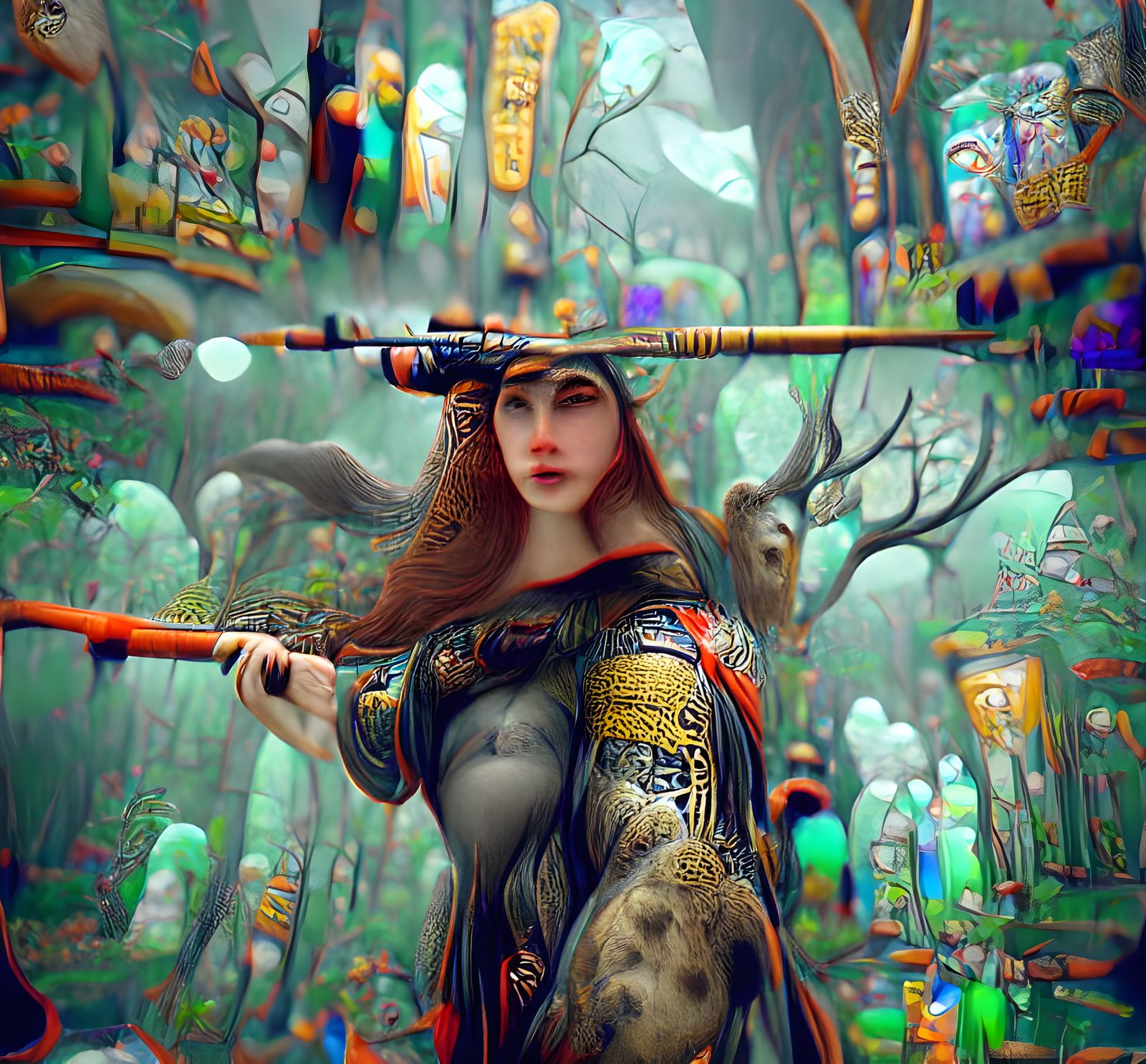 Forest Huntress in Klimt and Doré Style