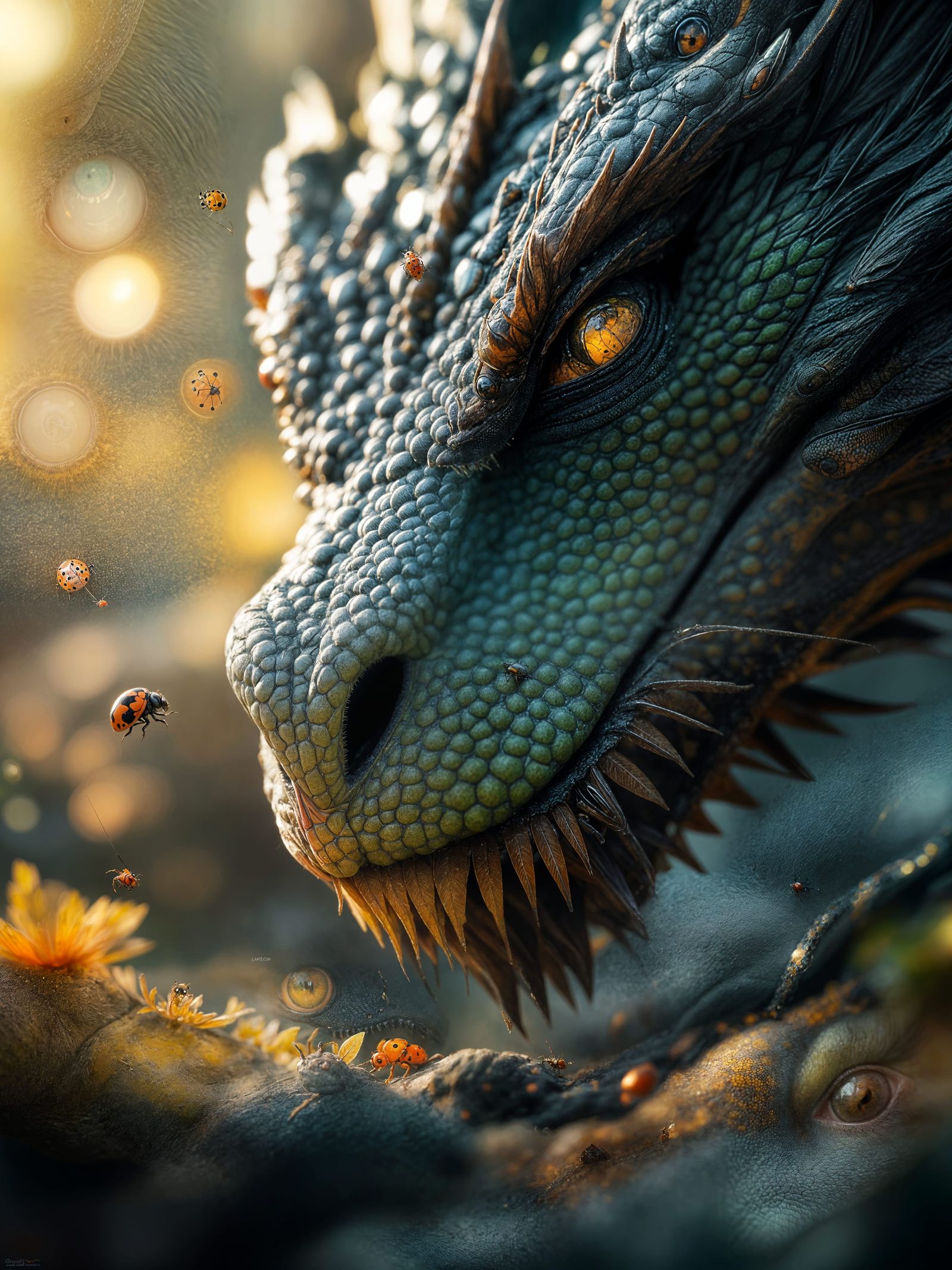 Dragon's Gentle Moment with Ladybug in Hyperrealistic Style